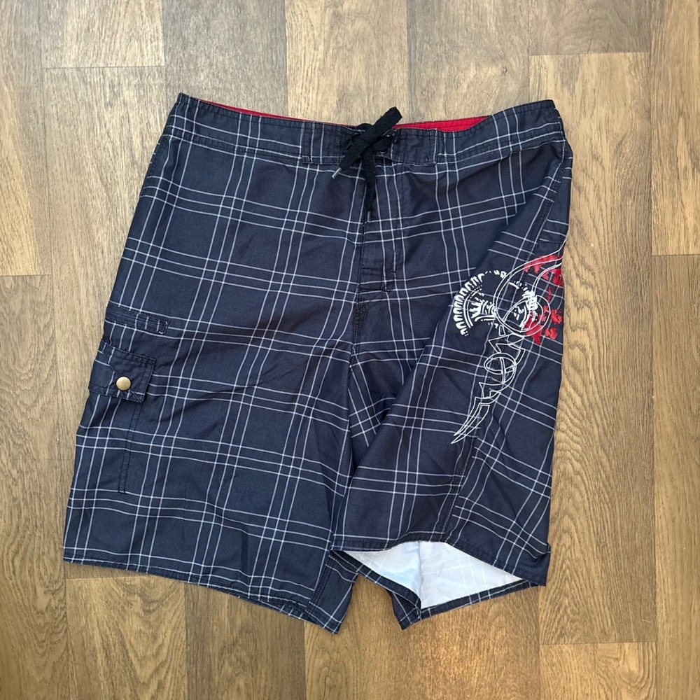 Vintage Y2K Surfwear Joe Boxer Bloody Hatchet Plaid Black Swim Board Shorts